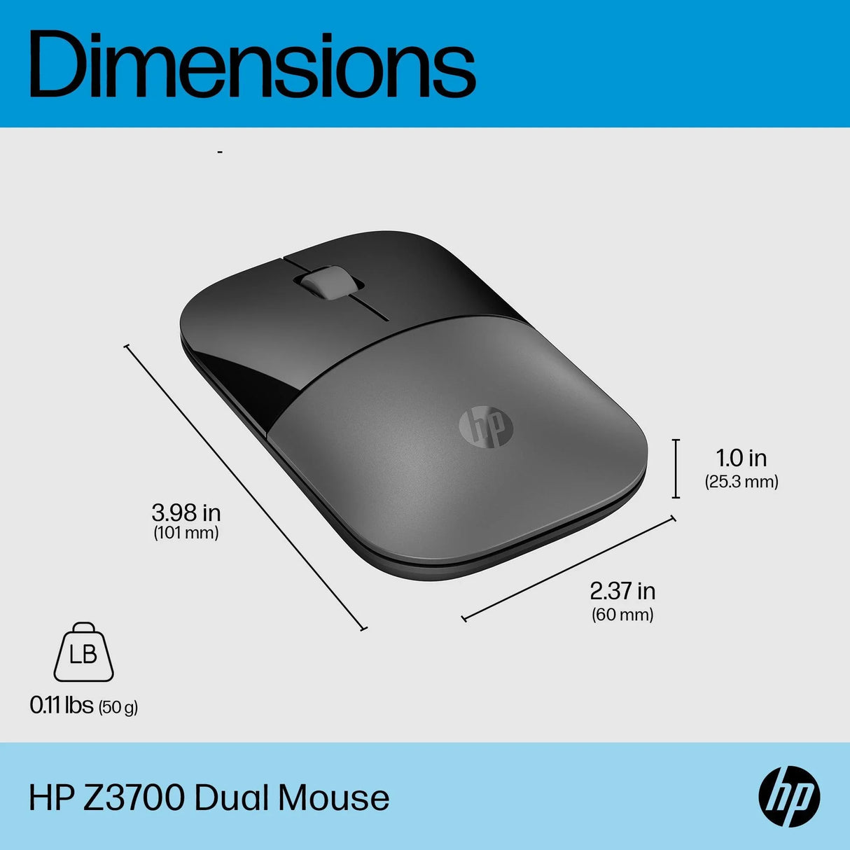 HP Z3700 – Wireless (Bluetooth + 2.4GHz) / 1200 DPI / Lightweight – Travel Wireless Mouse