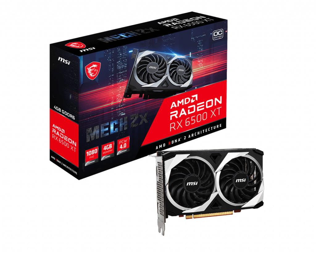 MSI AMD Radeon RX 6500 XT | 4GB GDDR6 | 64 bit | PCI Express 4.0 | 1 x HDMI (2.1) | 1 x DP (1.4a) | DirectX 12.0 | OpenGL 4.6 | VR | 107W (RADEON RX 6500 XT MECH 2X 4G OC)