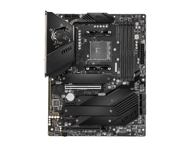 MSI ATX | AMD B550 chipset | Socket AM4 | 4xDDR4 DIMM slots | 7.1ch audio | 2.5-Gigabit LAN | Wi-Fi | Bluetooth (MEG B550 UNIFY)