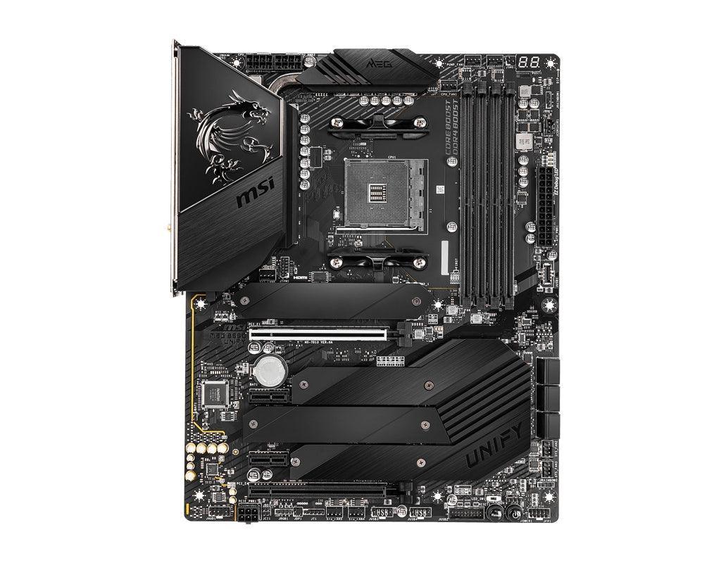 MSI ATX | AMD B550 chipset | Socket AM4 | 4xDDR4 DIMM slots | 7.1ch audio | 2.5-Gigabit LAN | Wi-Fi | Bluetooth (MEG B550 UNIFY)