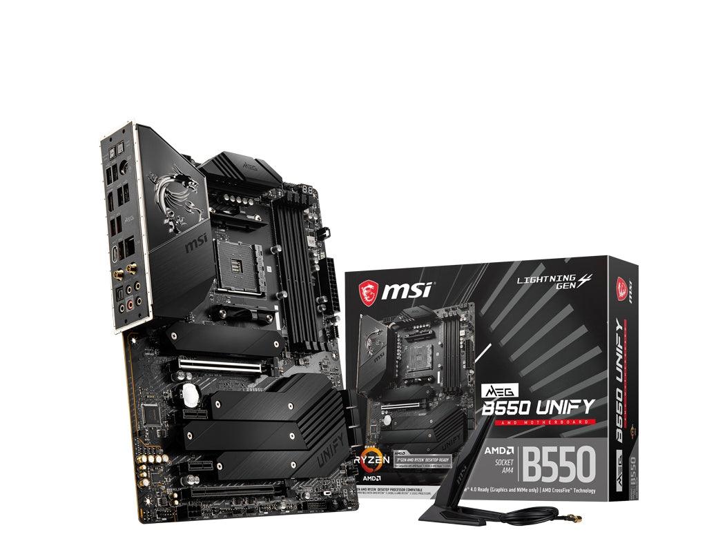 MSI ATX | AMD B550 chipset | Socket AM4 | 4xDDR4 DIMM slots | 7.1ch audio | 2.5-Gigabit LAN | Wi-Fi | Bluetooth (MEG B550 UNIFY)