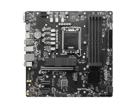 MSI mATX | Intel B760 | LGA 1700 | 12th|13th Gen Intel Core|Pentium Gold|Celeron | 4x DDR5 slots | 192GB Max | 2 x M.2 2280|2260|2242 | 4 x SATA III | Gigabit Ethernet | HDM 1.4 | DisplayPort 1.4 | VGA | 7.1 HD Audio (PRO B760M-P)