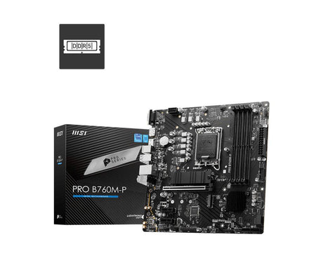 MSI mATX | Intel B760 | LGA 1700 | 12th|13th Gen Intel Core|Pentium Gold|Celeron | 4x DDR5 slots | 192GB Max | 2 x M.2 2280|2260|2242 | 4 x SATA III | Gigabit Ethernet | HDM 1.4 | DisplayPort 1.4 | VGA | 7.1 HD Audio (PRO B760M-P)