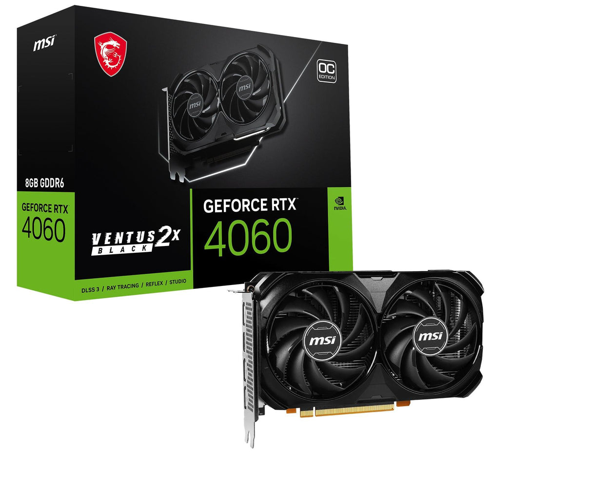 MSI NVIDIA GeForce RTX 4060 | 8GB GDDR6 | 128 bit | PCI Express 4.0 | 1 x HDMI (2.1a) | 3 x DP (1.4a) | CUDA | DirectX 12 Ultimate | OpenGL 4.6 | 115W (GEFORCE RTX 4060 VENTUS 2X BLACK 8G OC)