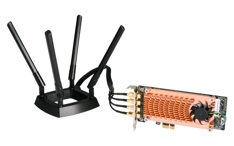 QNAP QWA-AC2600 | PCI Express 2.0 x1 | 2.4|5 GHz | IEEE 802.11b|g|n|ac|a | 54-1733 Mbps | 4x RP-SMA | 160x90.3x20.6 | (QWA-AC2600)