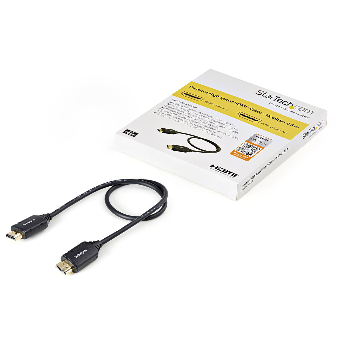 STARTECH 1.6ft (50cm) Premium Certified HDMI 2.0 Cable with Ethernet - High Speed Ultra HD 4K 60Hz HDMI Cable HDR10 - HDMI Cord (Male|Male Connectors) - For UHD Monitors | TVs | Displays (HDMM50CMP) (HDMM50CMP)