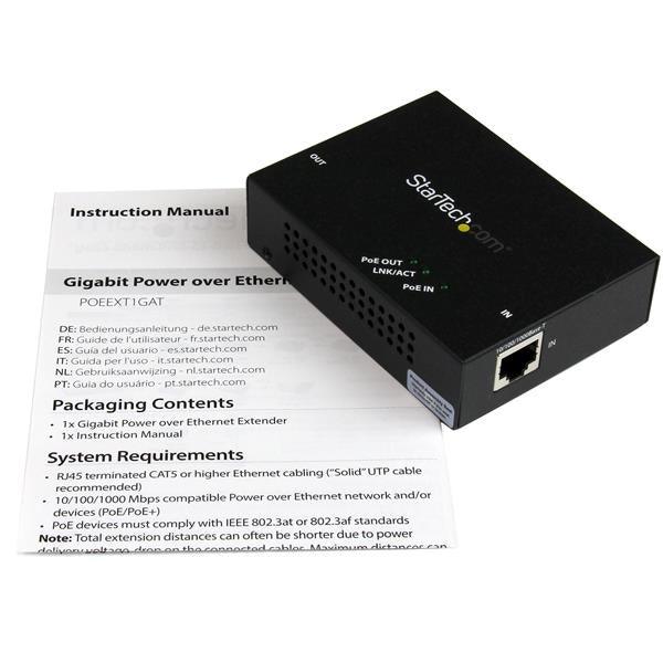 STARTECH 1 Port Gigabit PoE+ Extender 802.3at & 802.3af - 100m (330ft) - Power over Ethernet Extender - PoE Repeater Network Extender (POEEXT1GAT)