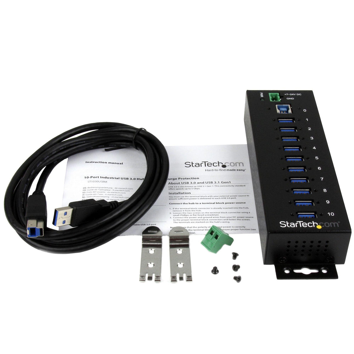 STARTECH 10-Port USB 3.0 Hub - Metal Industrial USB-A Hub with ESD & Surge Protection - Din Rail | Wall or Desk Mountable - TAA Compliant USB Expander Hub (ST1030USBM) (ST1030USBM)