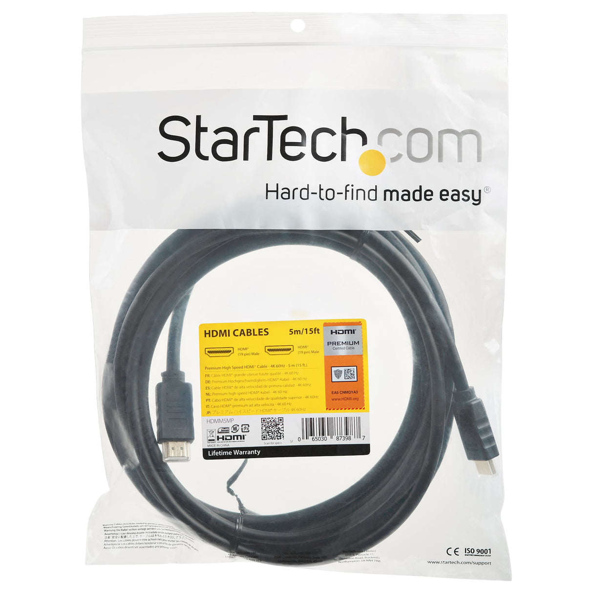 STARTECH 15ft (5m) Premium Certified HDMI 2.0 Cable with Ethernet - High Speed Ultra HD 4K 60Hz HDMI Cable HDR10 - Long HDMI Cord (Male|Male Connectors) - For UHD Monitors | TVs | Displays (HDMM5MP) (HDMM5MP)