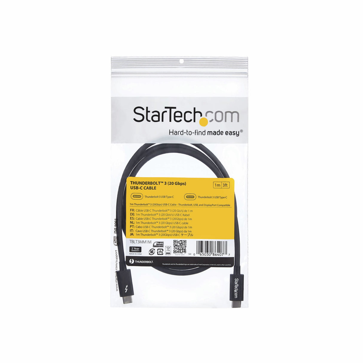STARTECH 1m (3.3ft) Passive Thunderbolt 3 Cable | 20Gbps | 100W PD | 4K Video | Thunderbolt Cable | Compatible with USB4|DP Alt Mode | Thunderbolt 4 | USB 3.2|Type-C (TBLT3MM1M) (TBLT3MM1M)