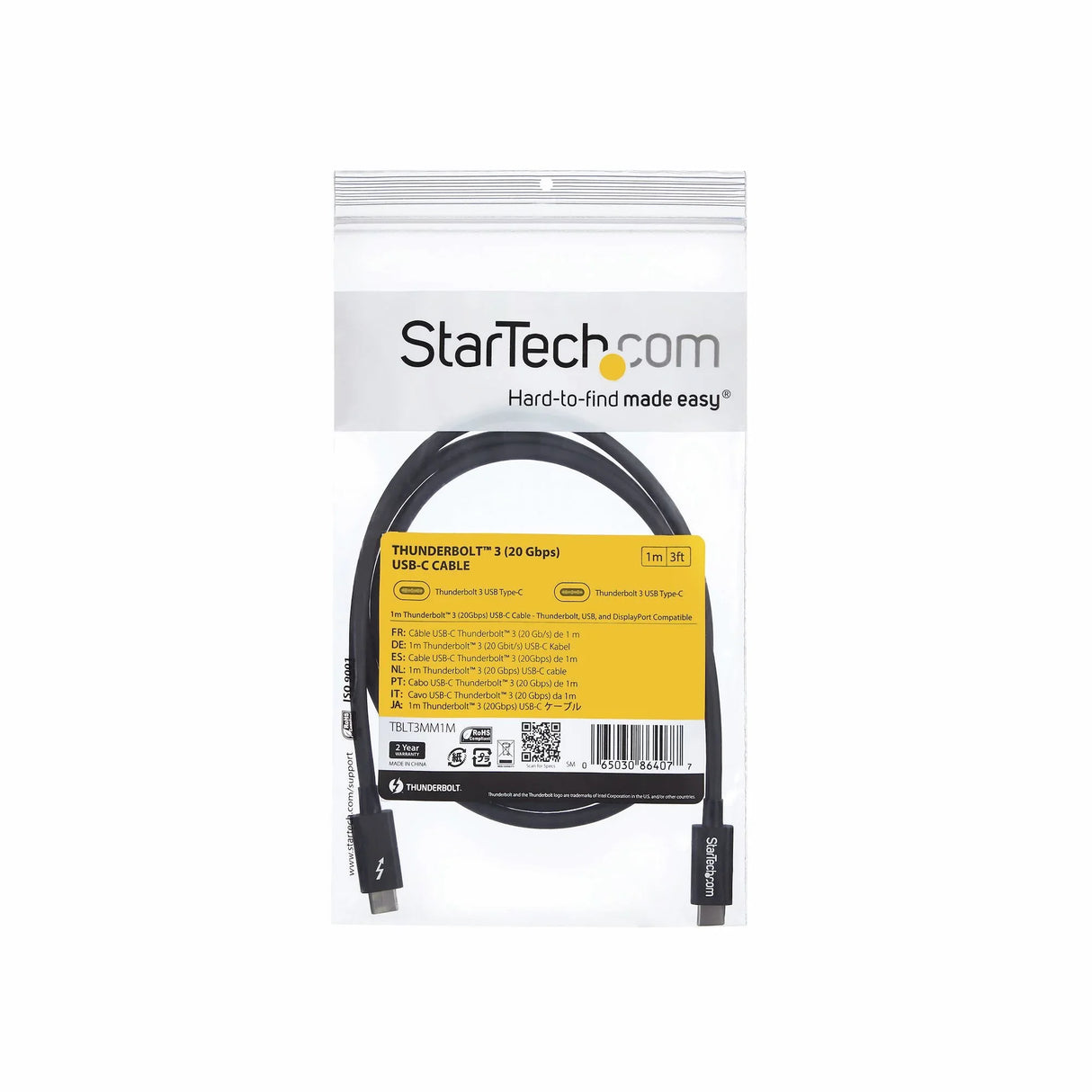 STARTECH 1m (3.3ft) Passive Thunderbolt 3 Cable | 20Gbps | 100W PD | 4K Video | Thunderbolt Cable | Compatible with USB4|DP Alt Mode | Thunderbolt 4 | USB 3.2|Type-C (TBLT3MM1M) (TBLT3MM1M)