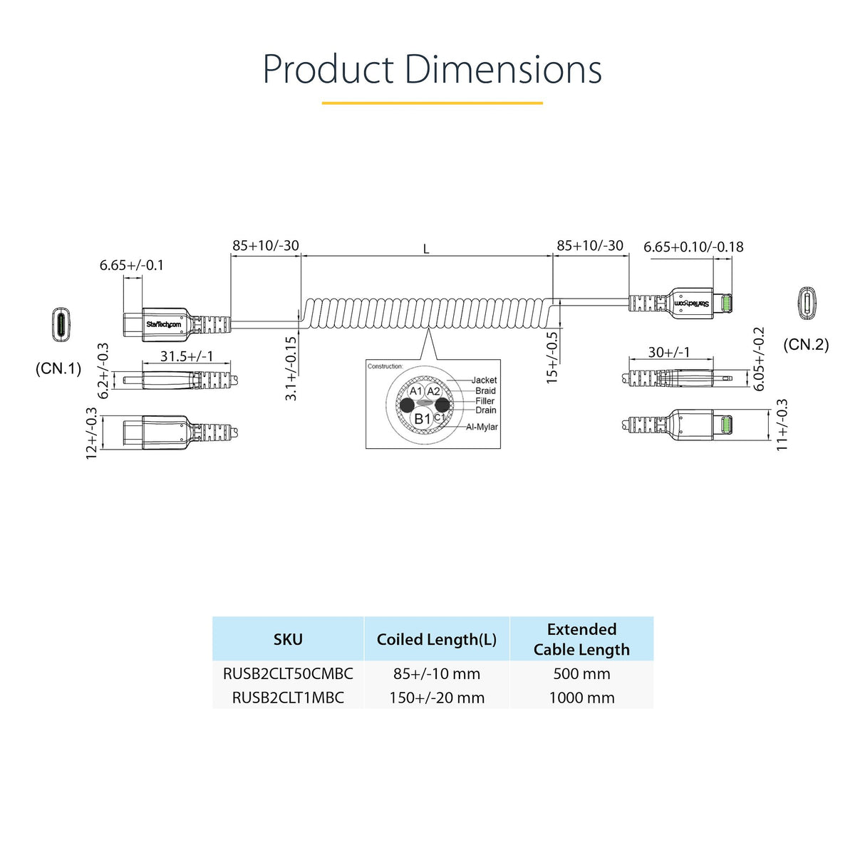 STARTECH 1m (3ft) USB C to Lightning Cable | MFi Certified | Coiled iPhone Charger Cable | Black | Durable TPE Jacket Aramid Fiber | Heavy Duty Coil Lightning Cable (RUSB2CLT1MBC) (RUSB2CLT1MBC)