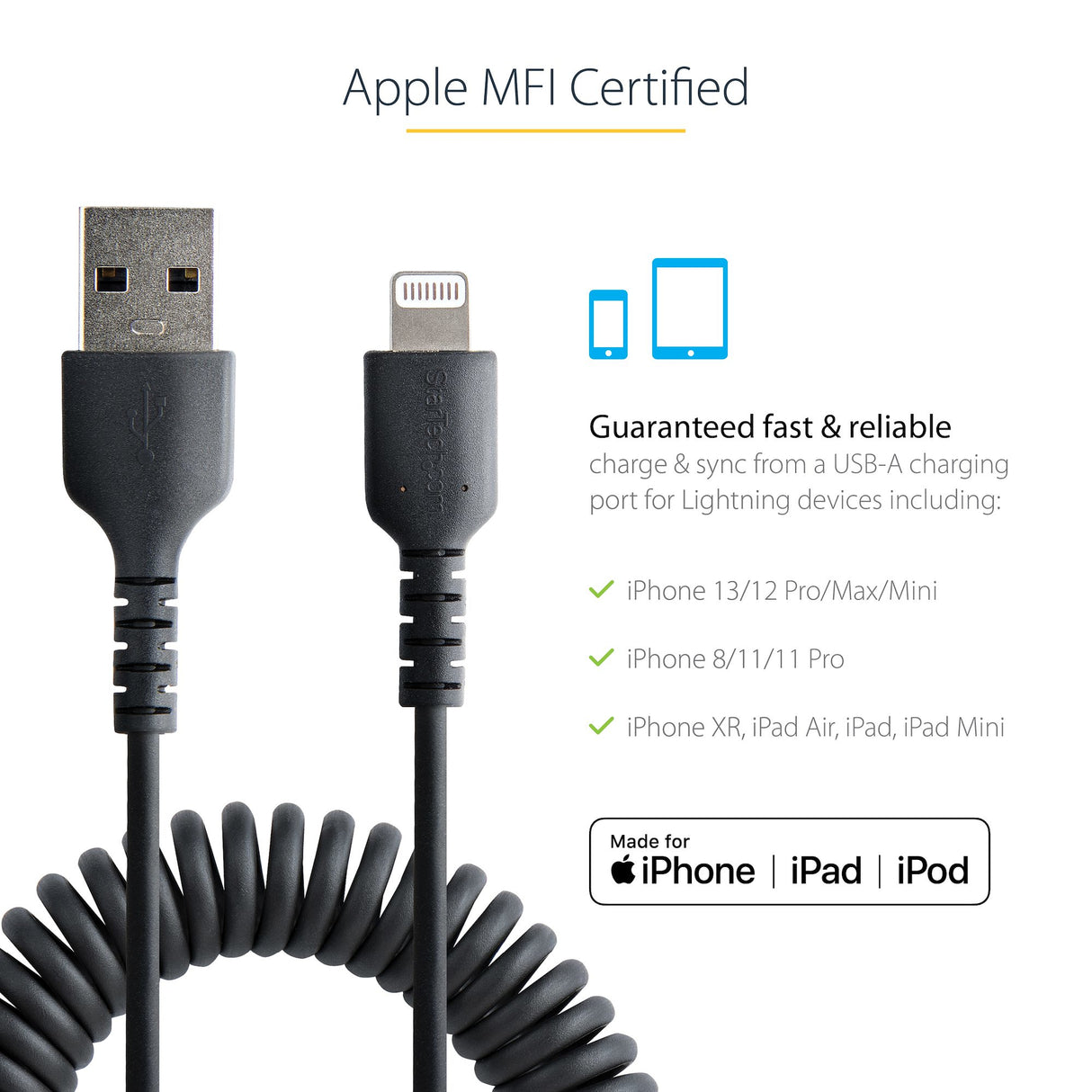 STARTECH 1m (3ft) USB to Lightning Cable | MFi Certified | Coiled iPhone Charger Cable | Black | Durable TPE Jacket Aramid Fiber | Heavy Duty Coil Lightning Cable (RUSB2ALT1MBC) (RUSB2ALT1MBC)