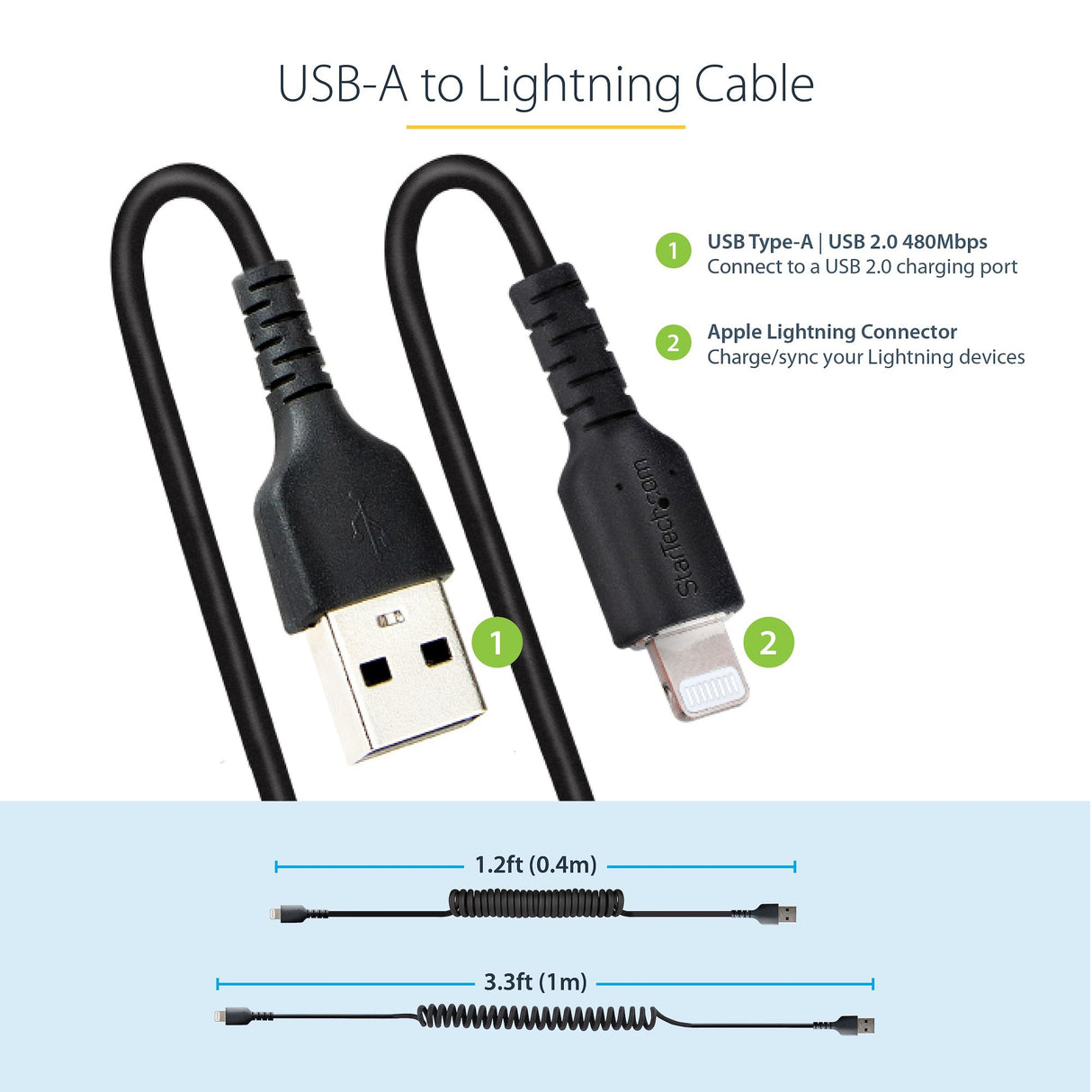 STARTECH 1m (3ft) USB to Lightning Cable | MFi Certified | Coiled iPhone Charger Cable | Black | Durable TPE Jacket Aramid Fiber | Heavy Duty Coil Lightning Cable (RUSB2ALT1MBC) (RUSB2ALT1MBC)