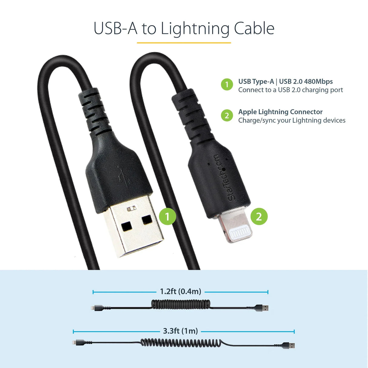 STARTECH 1m (3ft) USB to Lightning Cable | MFi Certified | Coiled iPhone Charger Cable | Black | Durable TPE Jacket Aramid Fiber | Heavy Duty Coil Lightning Cable (RUSB2ALT1MBC) (RUSB2ALT1MBC)