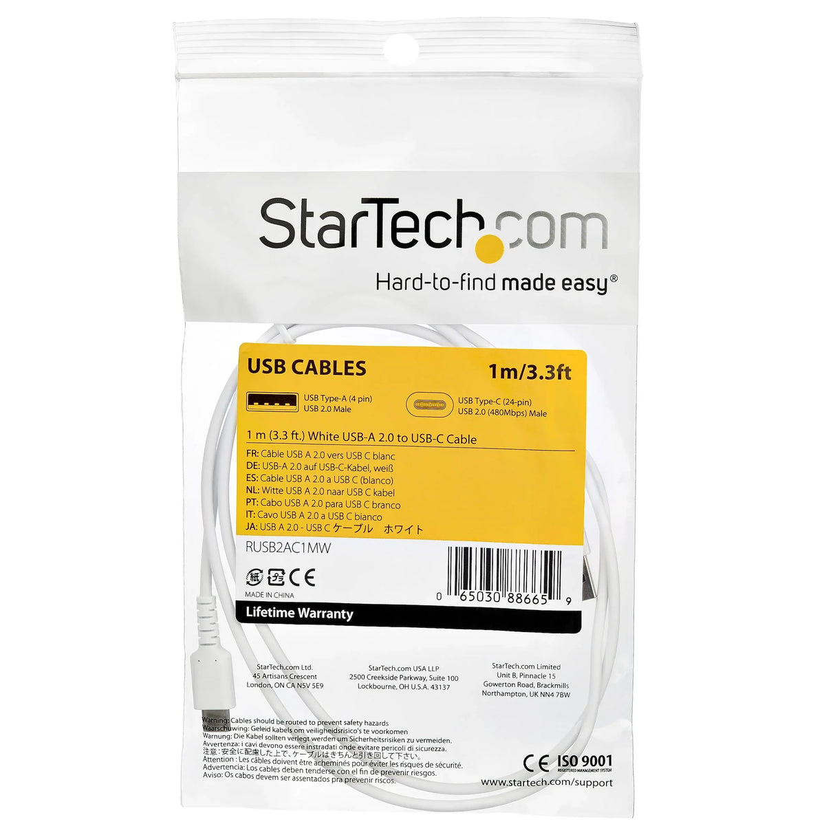 STARTECH 1m USB A to USB C Charging Cable - Durable Fast Charge & Sync USB 2.0 to USB Type C Data Cord - Rugged TPE Jacket Aramid Fiber M|M 3A White - S10 | iPad Pro | Pixel (RUSB2AC1MW) (RUSB2AC1MW)