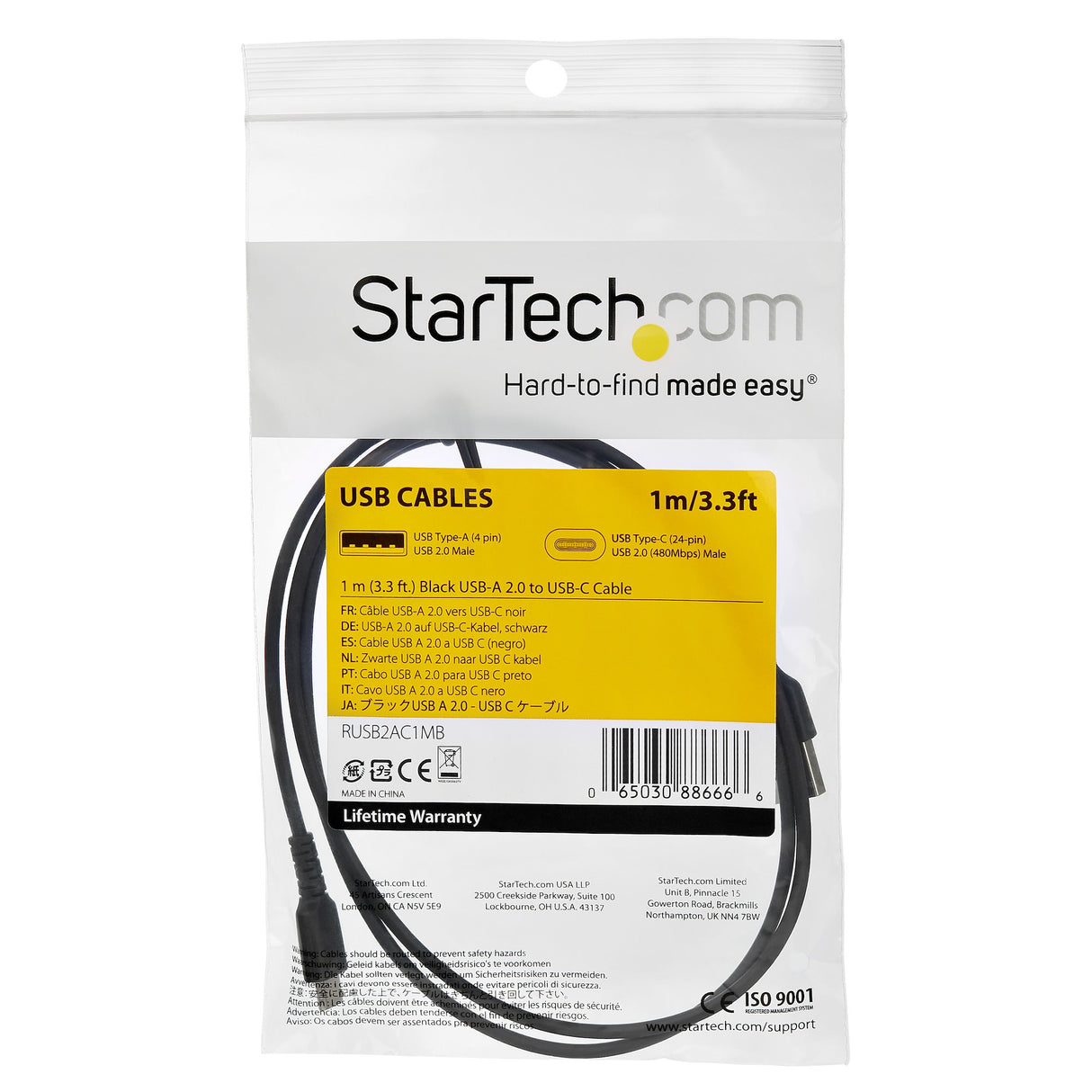 STARTECH 1m USB C Charging Cable - Durable Fast Charge & Sync USB 2.0 Type C to USB C Laptop Charger Cord - TPE Jacket Aramid Fiber M|M 60W Black - S10 S20 iPad Pro MS Surface (RUSB2AC1MB) (RUSB2CC1MB)
