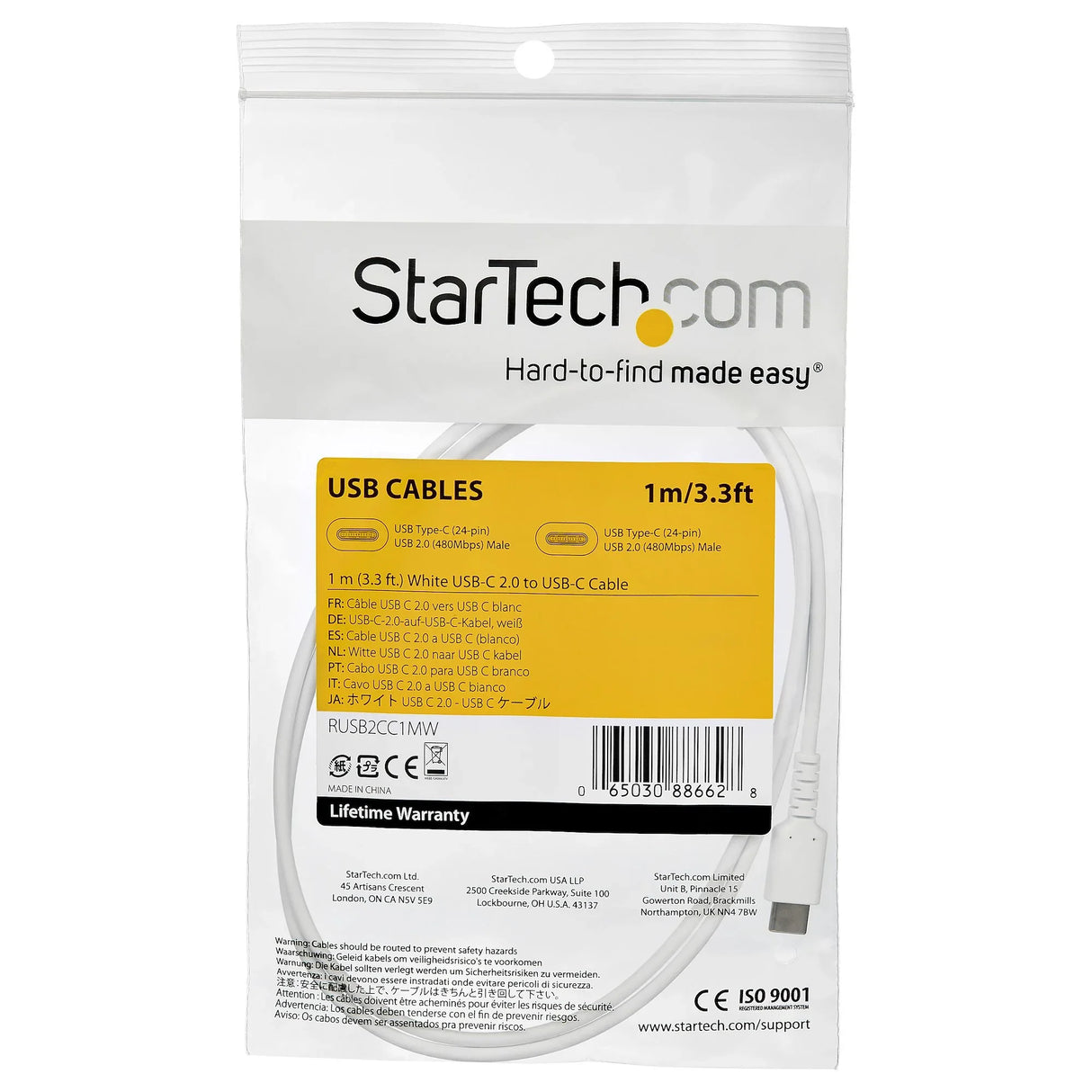 STARTECH 1m USB C Charging Cable - Durable Fast Charge & Sync USB 2.0 Type C to USB C Laptop Charger Cord - TPE Jacket Aramid Fiber M|M 60W White - S10 S20 iPad Pro MS Surface (RUSB2AC1MW) (RUSB2CC1MW)