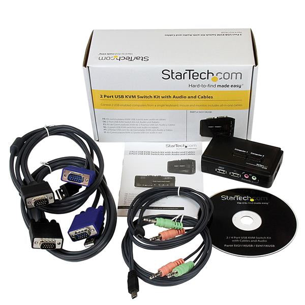 STARTECH 2 Port Black USB KVM Switch Kit with Audio and Cables - Dual Port Desktop USB VGA KVM Switch (SV211KUSB)