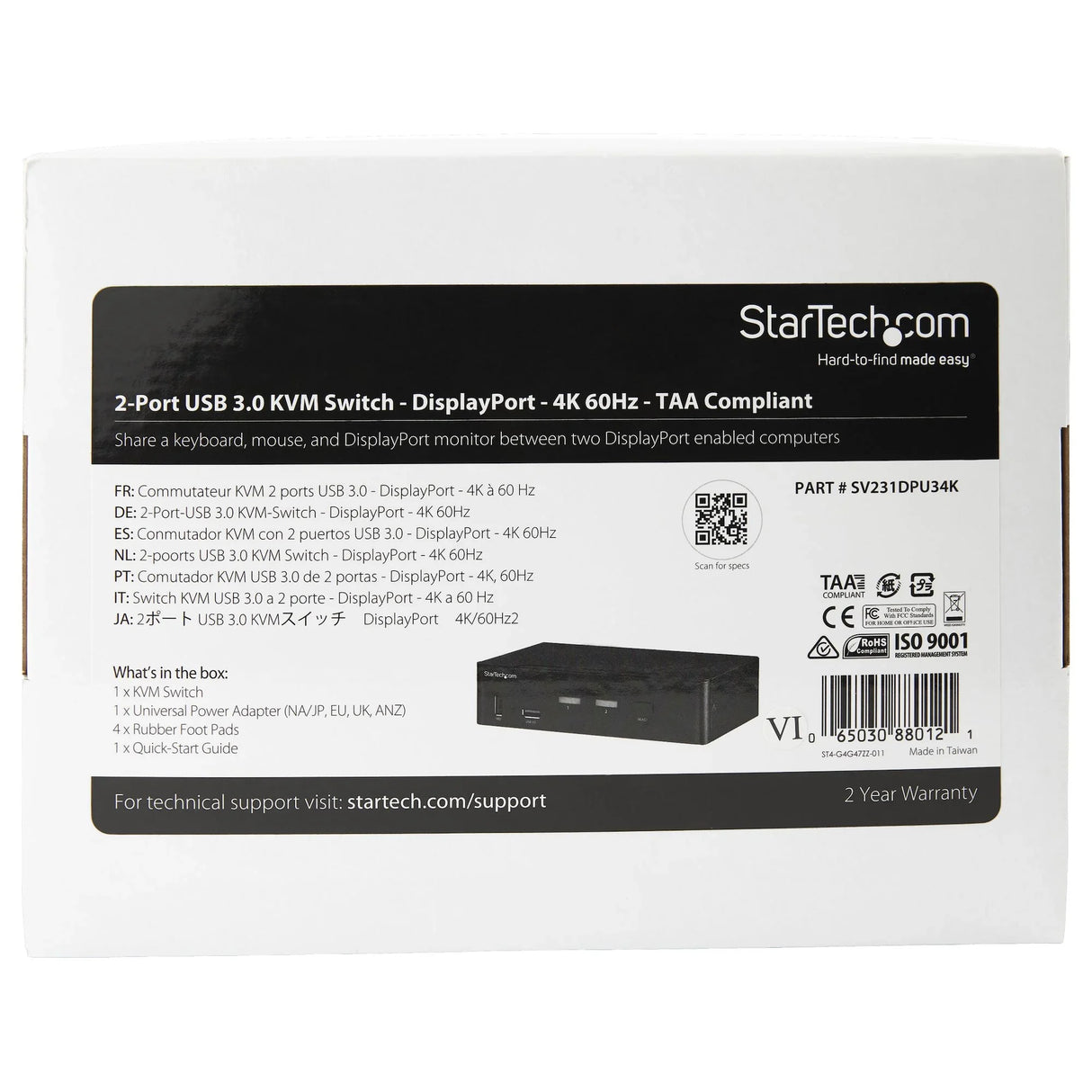 STARTECH 2 Port DisplayPort KVM Switch - 4K 60Hz - Single Display - Dual Port UHD DP 1.2 USB KVM Switch with Integrated USB 3.0 Hub & Audio - Dell HP Apple Lenovo - TAA Compliant (SV231DPU34K) (SV231DPU34K)