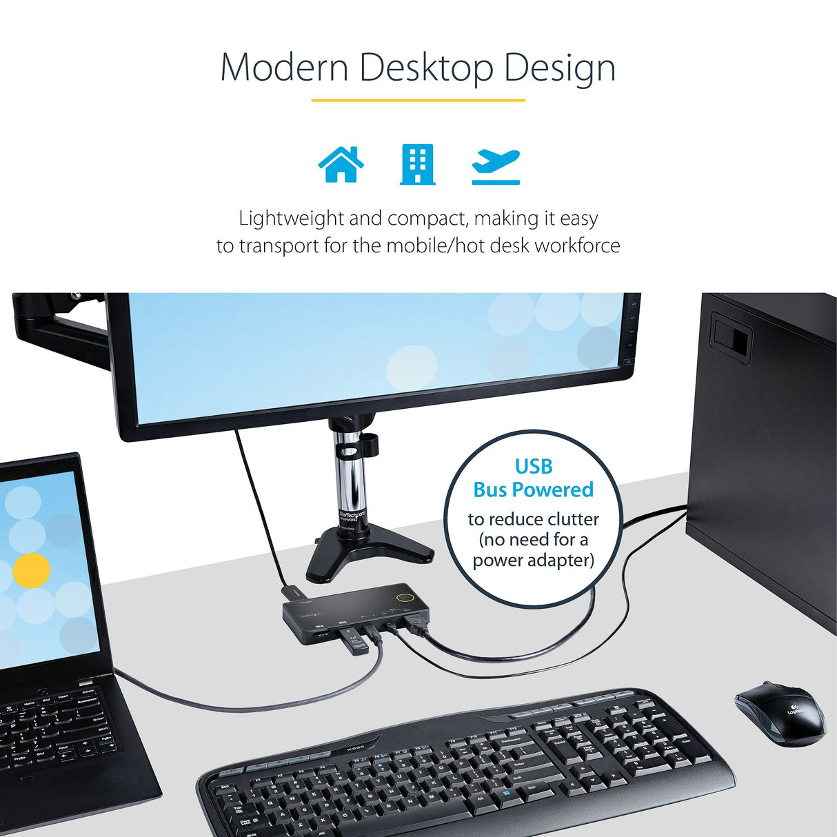 STARTECH 2 Port Hybrid USB-A + HDMI & USB-C KVM Switch - Single 4K 60Hz HDMI 2.0 Monitor - Compact Desktop and|or Laptop HDMI KVM Switch - USB Bus Powered - Thunderbolt 3 Compatible (SV221HUC4K) (SV221HUC4K)