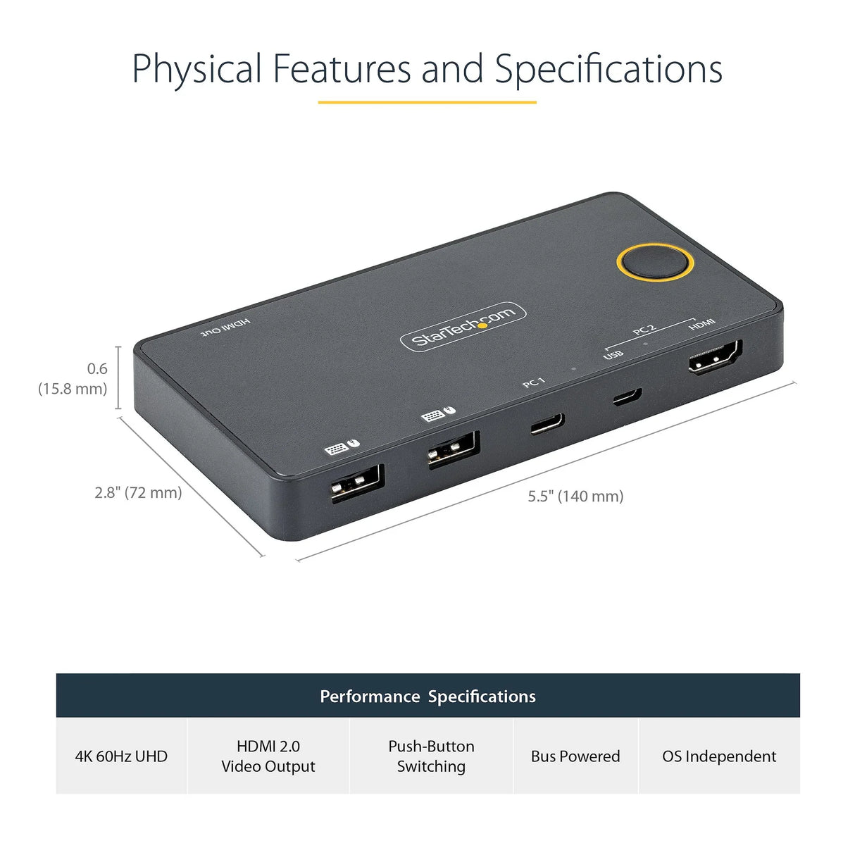 STARTECH 2 Port Hybrid USB-A + HDMI & USB-C KVM Switch - Single 4K 60Hz HDMI 2.0 Monitor - Compact Desktop and|or Laptop HDMI KVM Switch - USB Bus Powered - Thunderbolt 3 Compatible (SV221HUC4K) (SV221HUC4K)