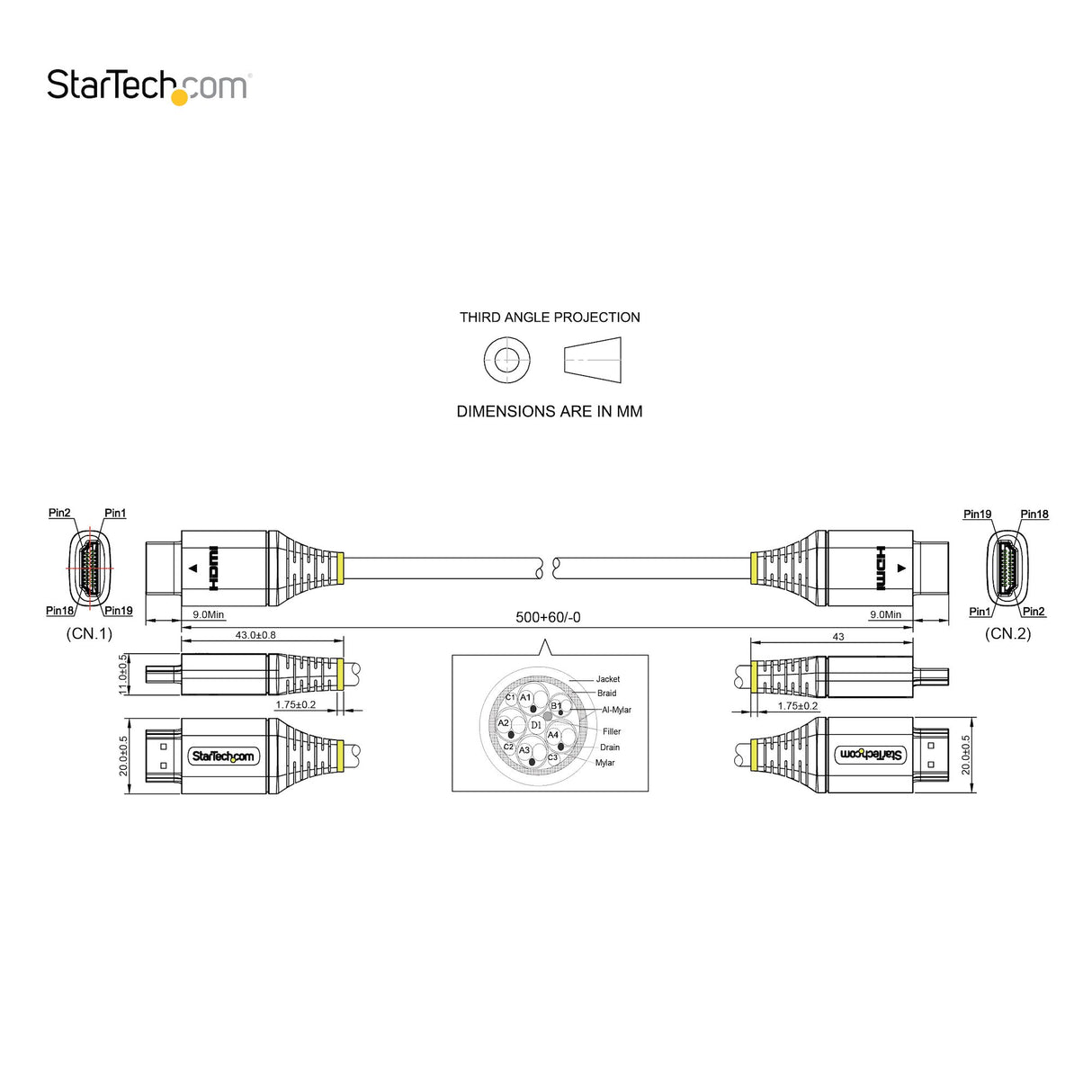 STARTECH 20in (50cm) HDMI 2.1 Cable 8K - Certified Ultra High Speed HDMI Cable 48Gbps - 8K 60Hz|4K 120Hz HDR10+ eARC - Ultra HD 8K HDMI Cord - Monitor|TV|Display - TPE Jacket (HDMM21V50CM) (HDMM21V50CM)