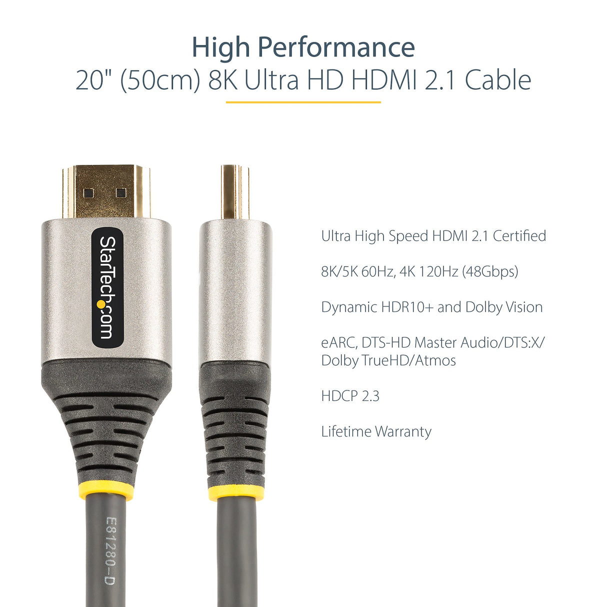 STARTECH 20in (50cm) HDMI 2.1 Cable 8K - Certified Ultra High Speed HDMI Cable 48Gbps - 8K 60Hz|4K 120Hz HDR10+ eARC - Ultra HD 8K HDMI Cord - Monitor|TV|Display - TPE Jacket (HDMM21V50CM) (HDMM21V50CM)