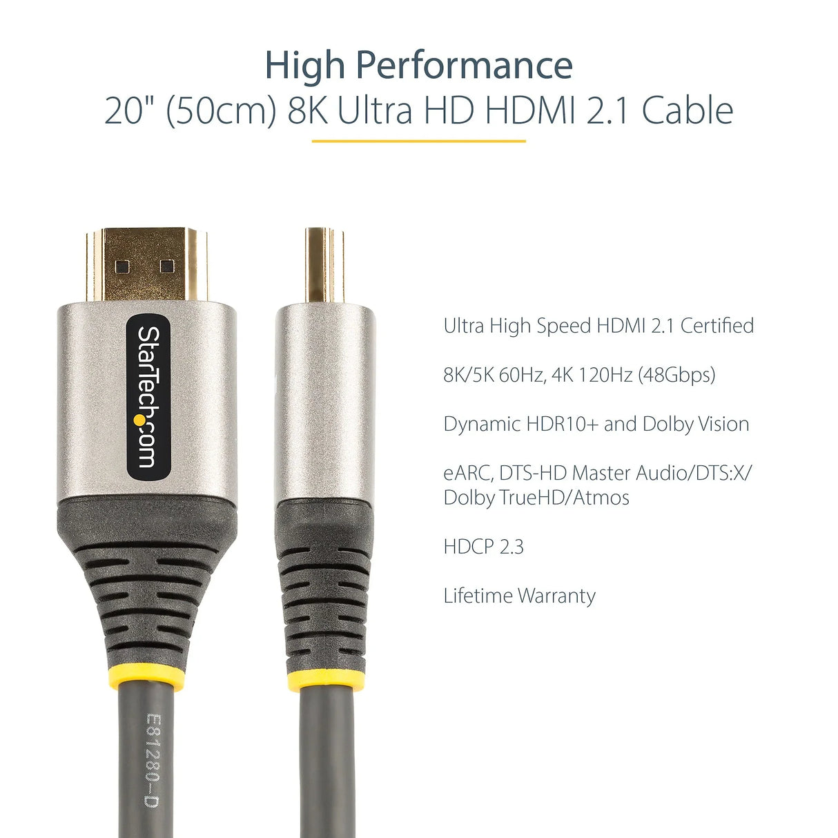 STARTECH 20in (50cm) HDMI 2.1 Cable 8K - Certified Ultra High Speed HDMI Cable 48Gbps - 8K 60Hz|4K 120Hz HDR10+ eARC - Ultra HD 8K HDMI Cord - Monitor|TV|Display - TPE Jacket (HDMM21V50CM) (HDMM21V50CM)