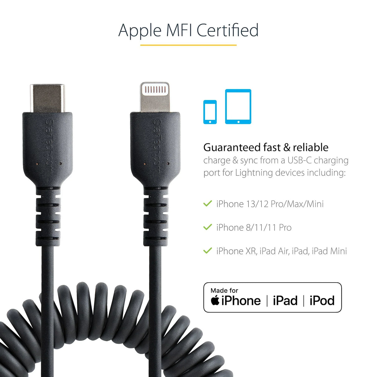 STARTECH 20in | 50cm USB C to Lightning Cable | MFi Certified | Coiled iPhone Charger Cable | Black | Durable TPE Jacket Aramid Fiber | Heavy Duty Coil Lightning Cable (RUSB2CLT50CMBC) (RUSB2CLT50CMBC)