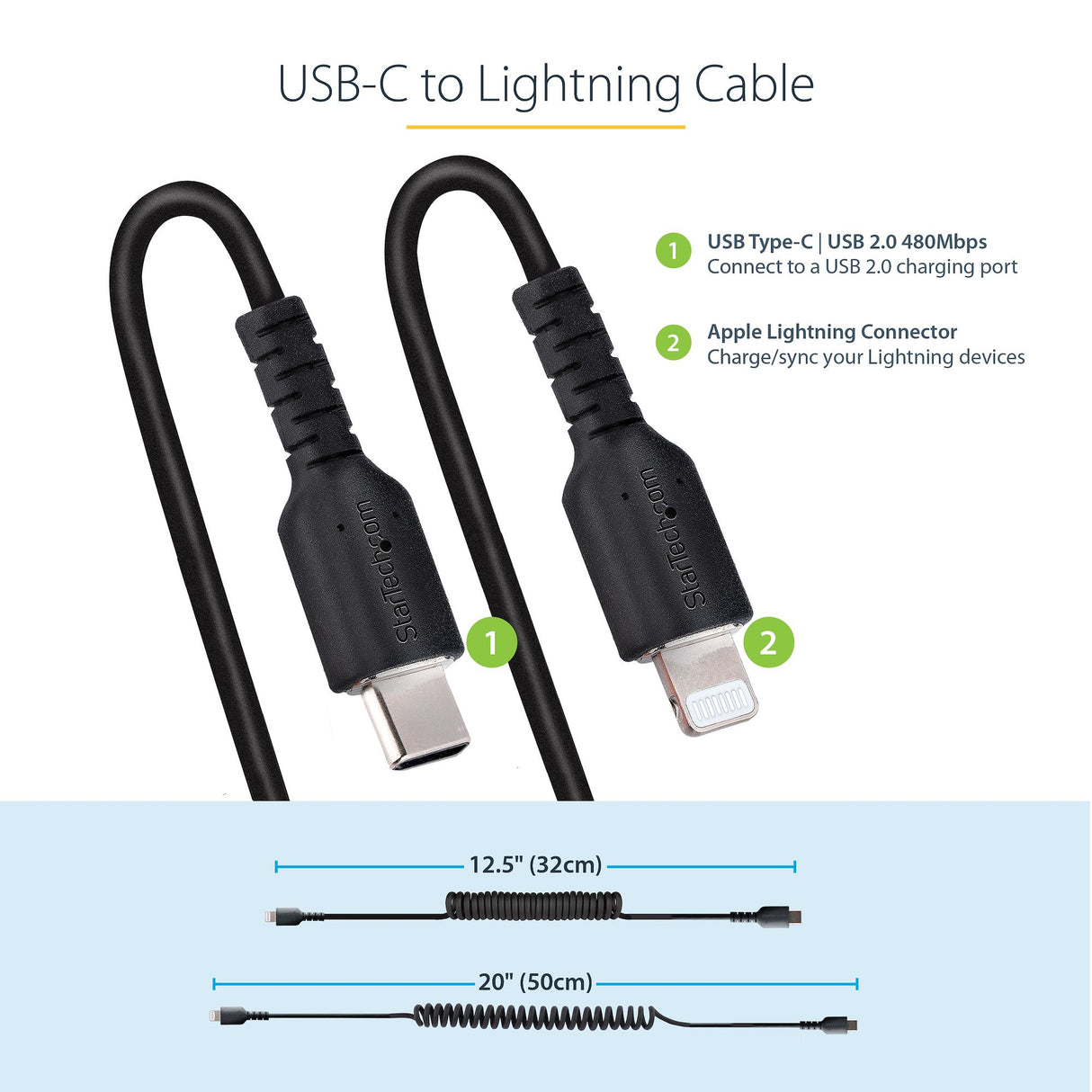 STARTECH 20in | 50cm USB C to Lightning Cable | MFi Certified | Coiled iPhone Charger Cable | Black | Durable TPE Jacket Aramid Fiber | Heavy Duty Coil Lightning Cable (RUSB2CLT50CMBC) (RUSB2CLT50CMBC)
