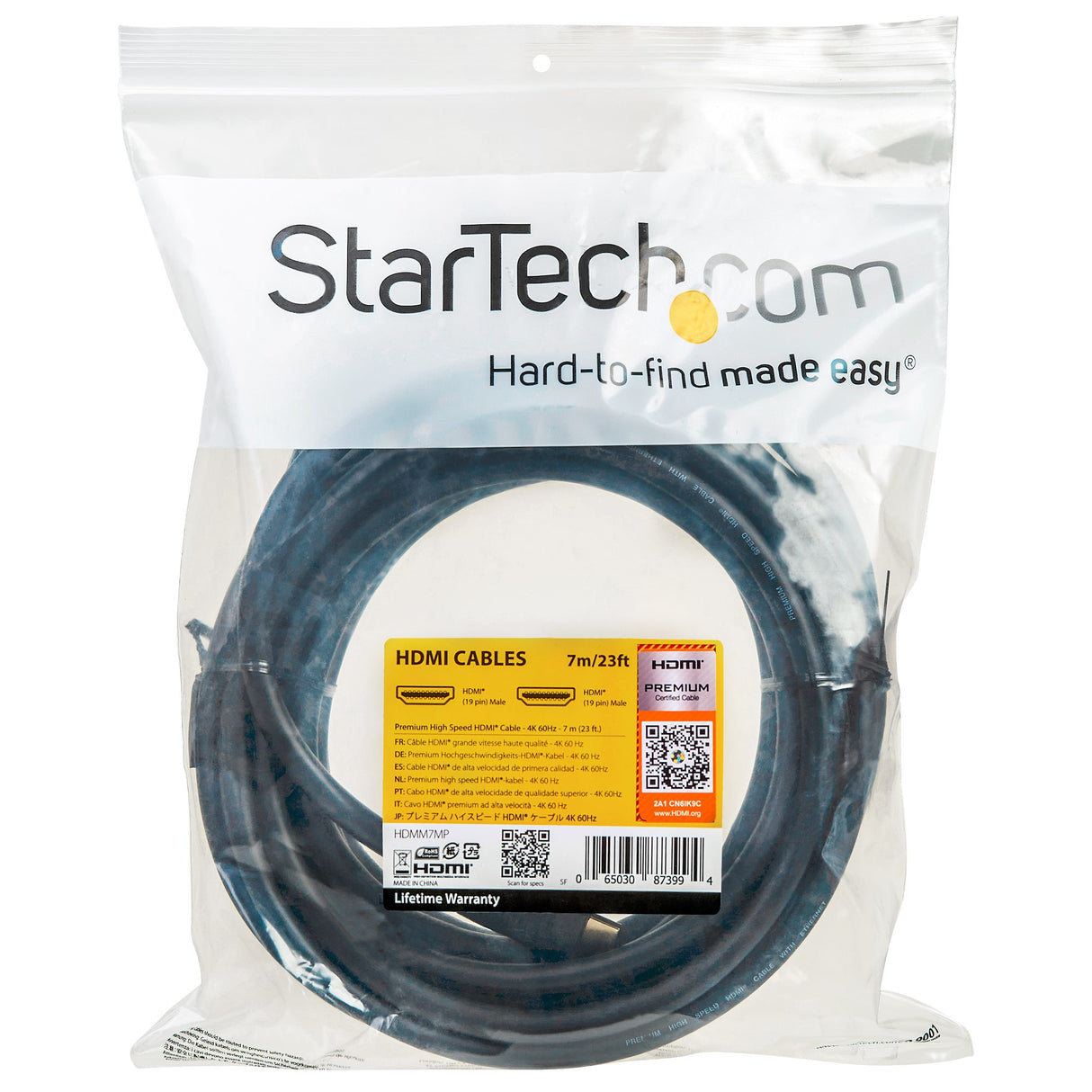 STARTECH 23ft (7m) Premium Certified HDMI 2.0 Cable with Ethernet - High Speed Ultra HD 4K 60Hz HDMI Cable HDR10 - Long HDMI Cord (Male|Male Connectors) - For UHD Monitors | TVs | Displays (HDMM7MP) (HDMM7MP)
