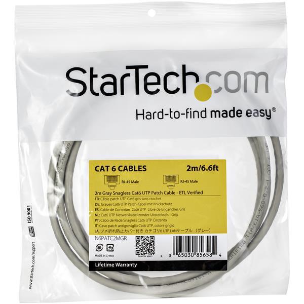 STARTECH 2m CAT6 Ethernet Cable - Grey CAT 6 Gigabit Ethernet Wire -650MHz 100W PoE RJ45 UTP Network|Patch Cord Snagless w|Strain Relief Fluke Tested|Wiring is UL Certified|TIA (N6PATC2MGR) (N6PATC2MGR)