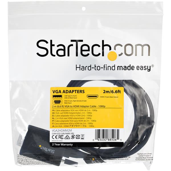 STARTECH 2m VGA to HDMI Converter Cable with USB Audio Support & Power - Analog to Digital Video Adapter Cable to connect a VGA PC to HDMI Display - 1080p Male to Male Monitor Cable (VGA2HDMM2M) (VGA2HDMM2M)