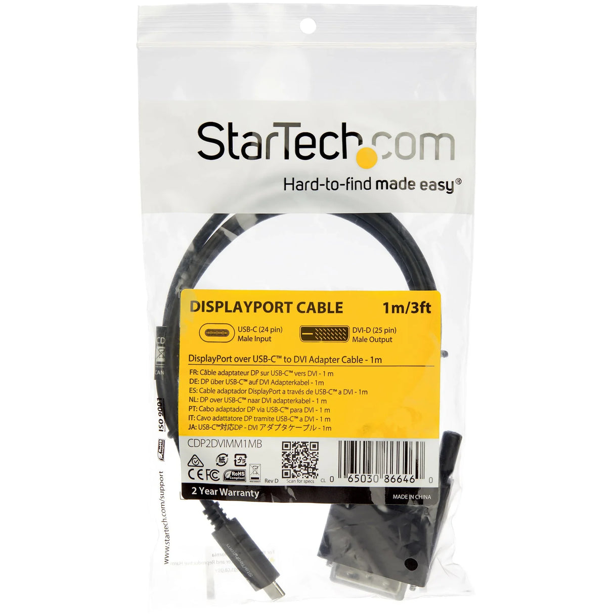 STARTECH 3.3 ft | 1 m USB-C to DVI Cable - USB Type-C Video Adapter Cable - - Black (CDP2DVIMM1MB) (CDP2DVIMM1MB)