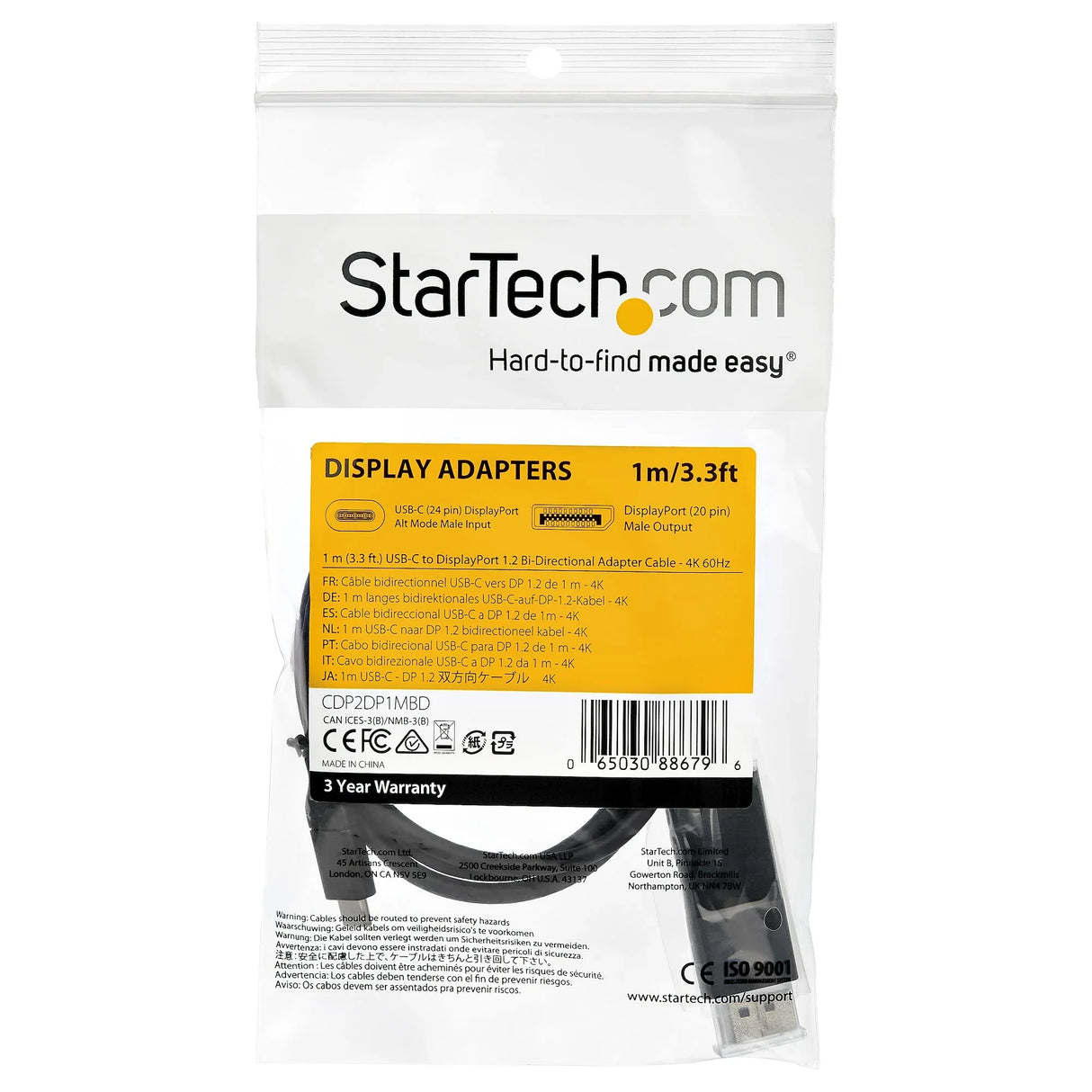 STARTECH 3.3ft (1m) USB C to DisplayPort 1.2 Cable 4K 60Hz - Bidirectional DP to USB-C or USB-C to DP Reversible Video Adapter Cable - HBR2|HDR - USB Type C|TB3 Monitor Cable (CDP2DP1MBD) (CDP2DP1MBD)