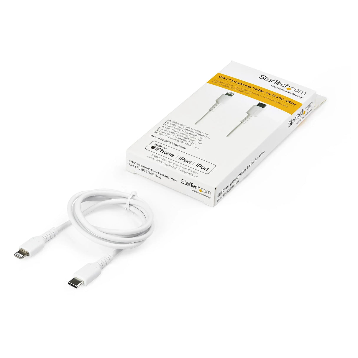 STARTECH 3 foot (1m) Durable White USB-C to Lightning Cable - Heavy Duty Rugged Aramid Fiber USB Type A to Lightning Charger|Sync Power Cord - Apple MFi Certified iPad|iPhone 12 (RUSBCLTMM1MW) (RUSBCLTMM1MW)