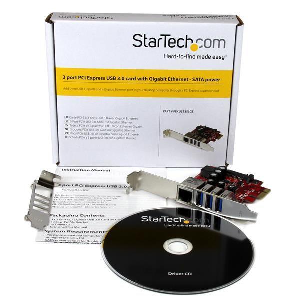 STARTECH 3 Port PCI Express USB 3.0 Card + Gigabit Ethernet - Fits Standard & Low-Profile PCs - UASP Supported - Optional SATA Power (PEXUSB3S3GE)