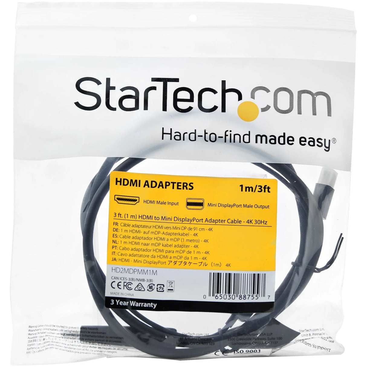 STARTECH 3ft (1m) HDMI to Mini DisplayPort Cable 4K 30Hz - Active HDMI to mDP Adapter Converter Cable with Audio - USB Powered - Mac & Windows - Male to Male Video Adapter Cable (HD2MDPMM1M) (HD2MDPMM1M)