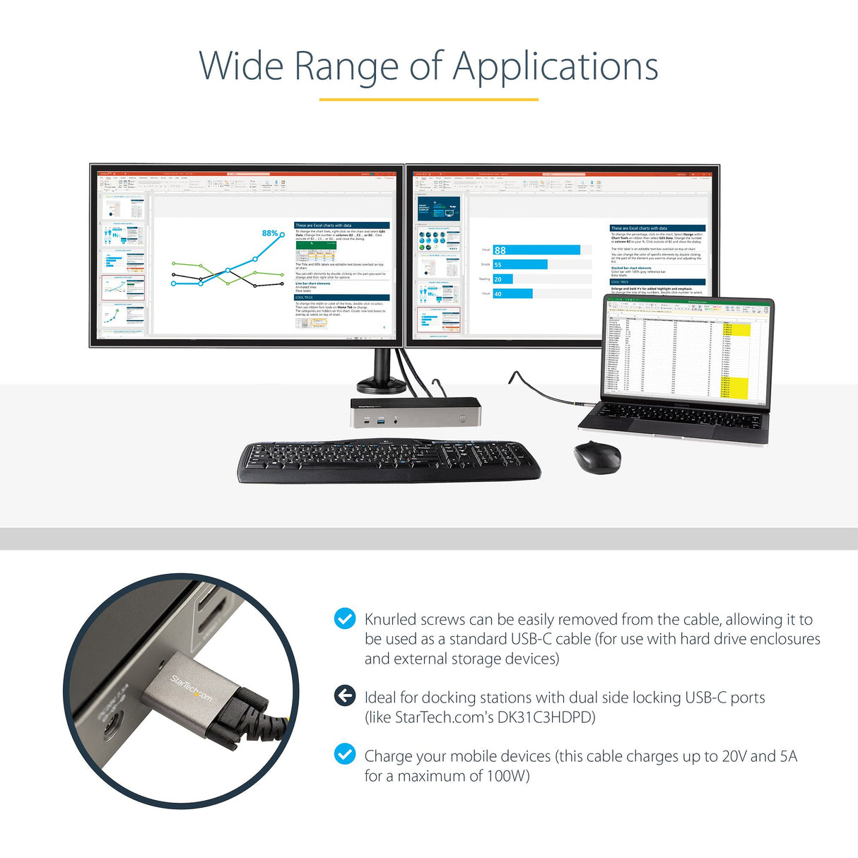 STARTECH 3ft (1m) Side Screw Locking USB C Cable 10Gbps - USB 3.1|3.2 Gen 2 Type-C Cable - 100W (5A) Power Delivery Charging | DP Alt Mode - Dual Screw Lock - USB-C Cord Charge|Sync (USB31CCSLKV1M) (USB31CCSLKV1M)