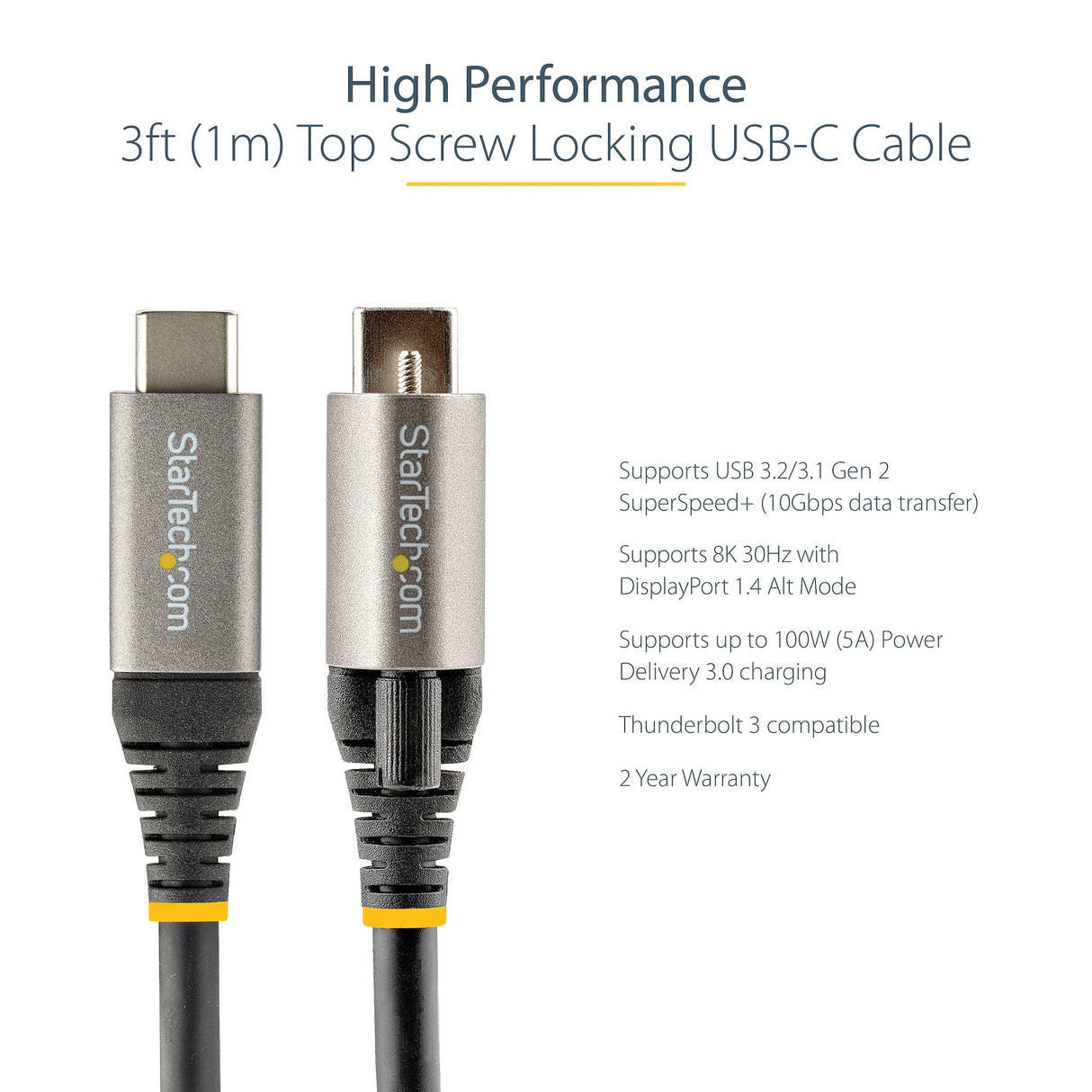 STARTECH 3ft (1m) Top Screw Locking USB C Cable 10Gbps - USB 3.1|3.2 Gen 2 Type-C Cable - 100W (5A) Power Delivery Charging | DP Alt Mode - Single Screw Lock | USB-C Cord Charge|Sync (USB31CCTLKV1M) (USB31CCTLKV1M)