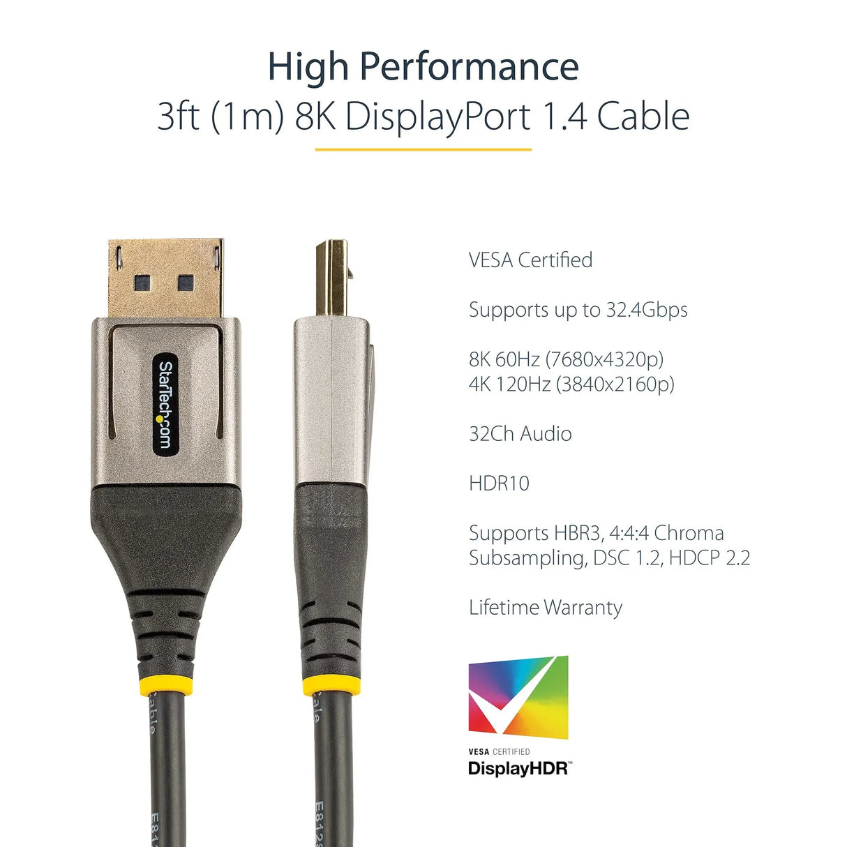 STARTECH 3ft (1m) VESA Certified DisplayPort 1.4 Cable - 8K 60Hz HDR10 - Ultra HD 4K 120Hz Video - DP 1.4 Cable | Cord - For Monitors|Displays - DisplayPort to DisplayPort Cable - M|M (DP14VMM1M) (DP14VMM1M)