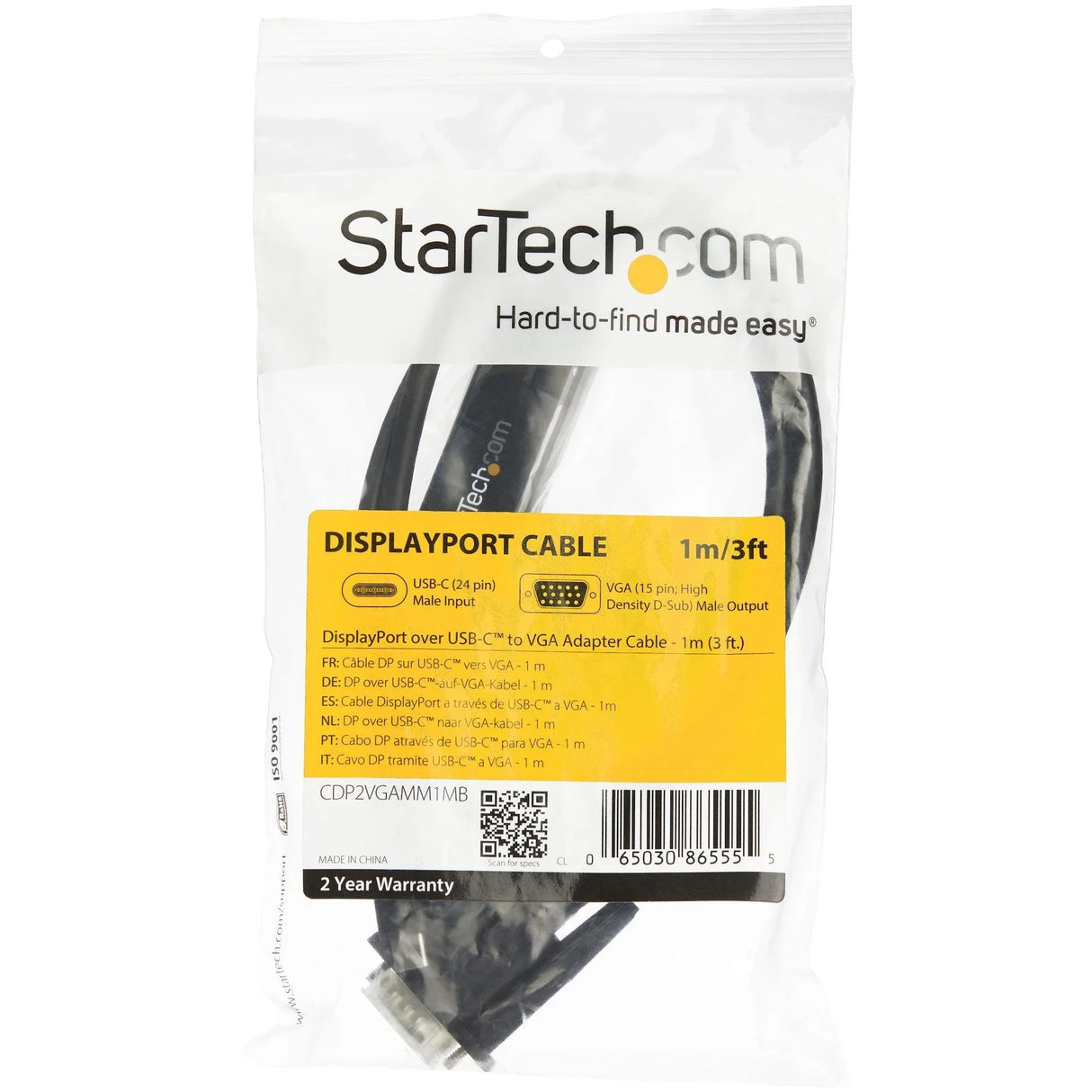 STARTECH 3ft|1m USB C to VGA Cable - 1920x1200|1080p USB Type C to VGA Video Active Adapter Cable - Thunderbolt 3 Compatible - Laptop to VGA Monitor|Projector - DP Alt Mode HBR2 (CDP2VGAMM1MB) (CDP2VGAMM1MB)