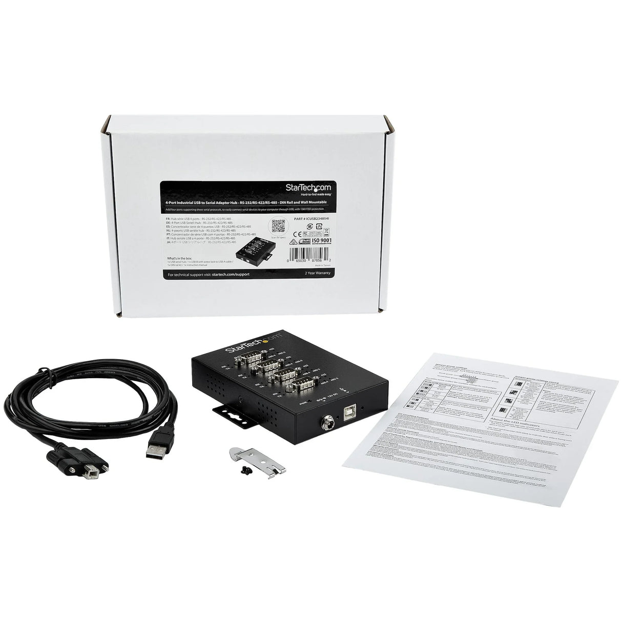 STARTECH 4 Port Serial Hub USB to RS232|RS485|RS422 Adapter - Industrial USB 2.0 to DB9 Serial Converter Hub - IP30 Rated - Din Rail Mountable Metal Serial Hub - 15kV ESD Protection (ICUSB234854I) (ICUSB234854I)