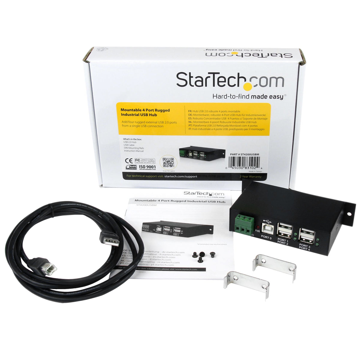 STARTECH 4-Port USB 2.0 Hub - Metal Industrial USB-A Hub - Din Rail | Wall or Desk Mountable USB Data Hub - TAA Compliant USB Expander Hub (ST4200USBM) (ST4200USBM)