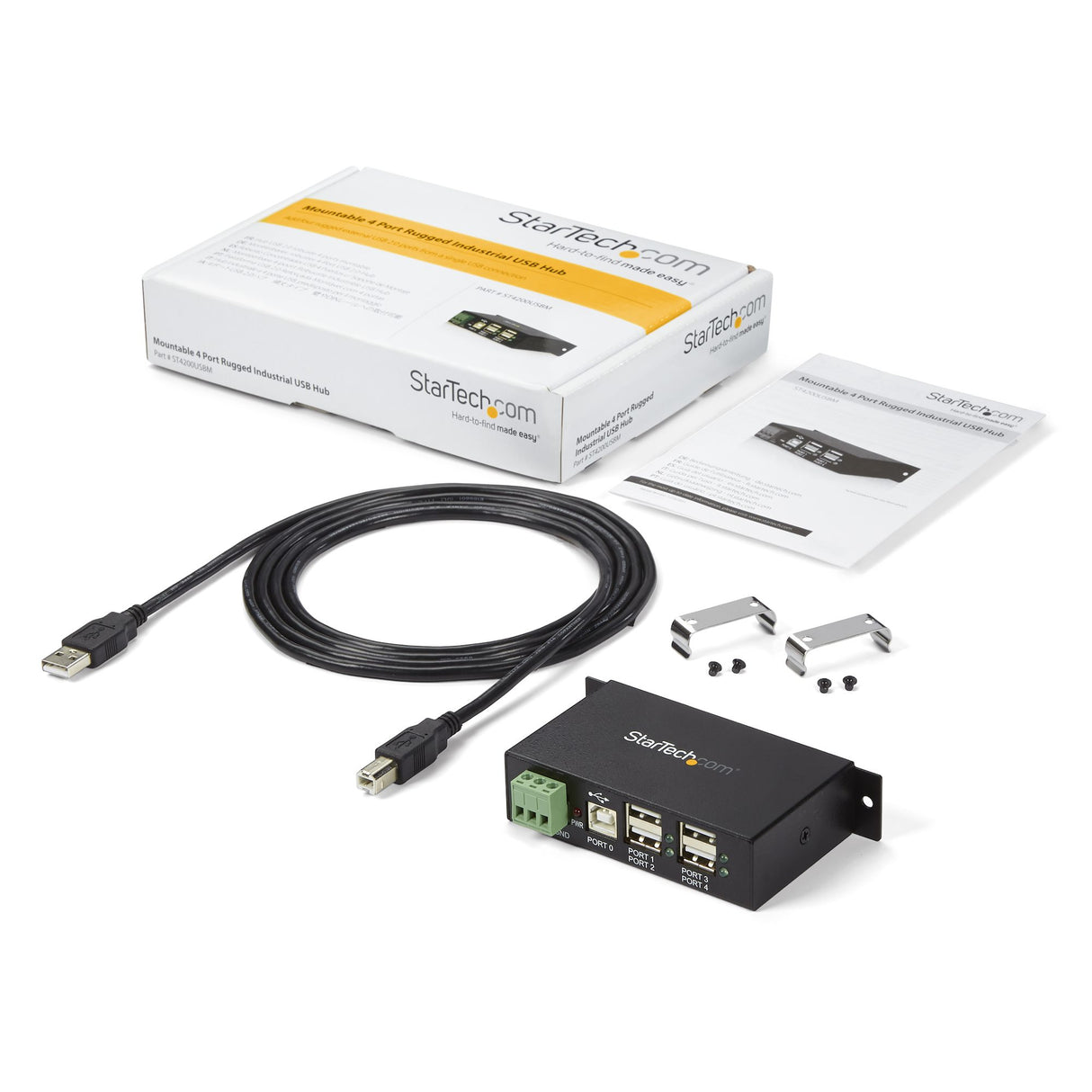 STARTECH 4-Port USB 2.0 Hub - Metal Industrial USB-A Hub - Din Rail | Wall or Desk Mountable USB Data Hub - TAA Compliant USB Expander Hub (ST4200USBM) (ST4200USBM)