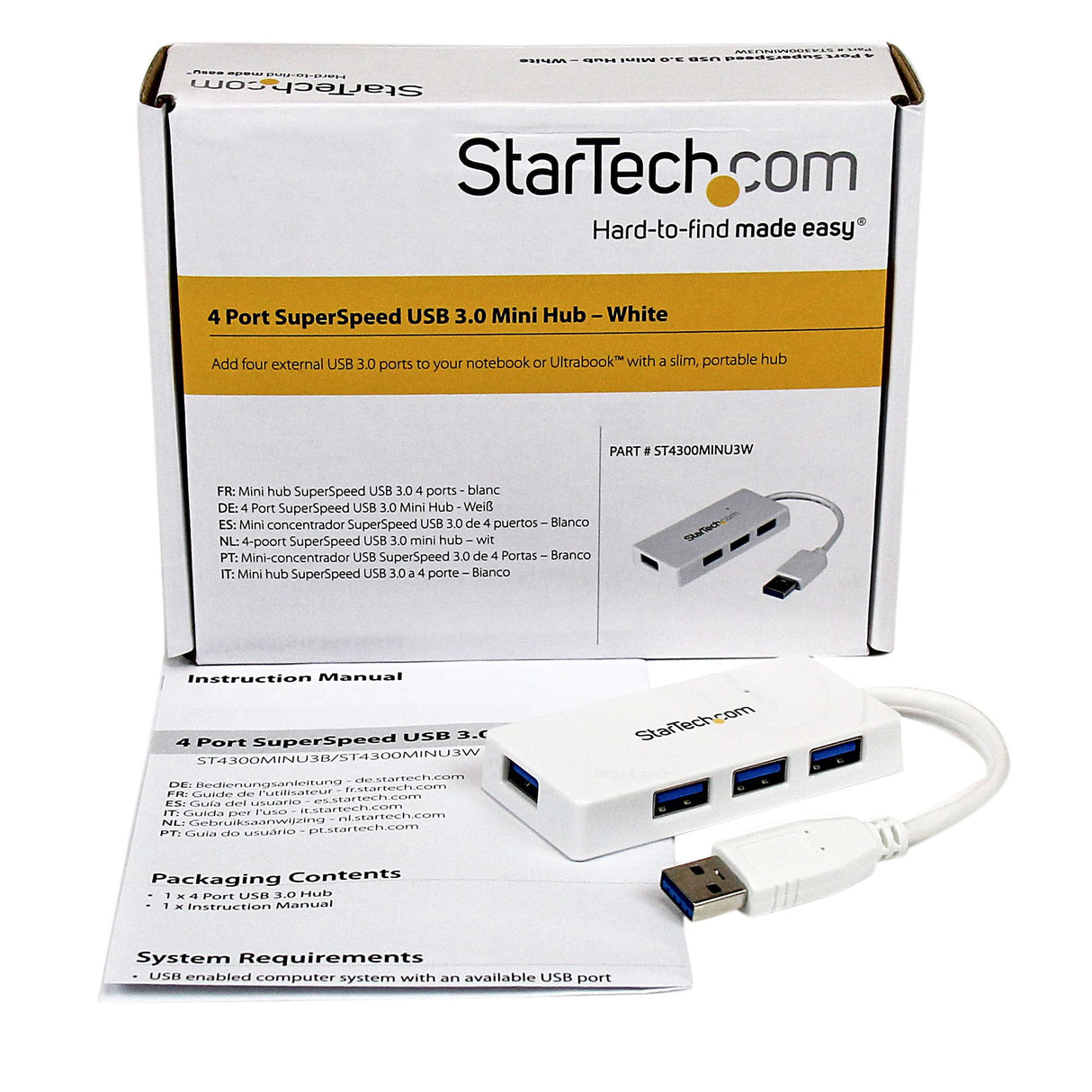 STARTECH 4 Port USB 3.0 Hub - Built-in Cable - Compact - SuperSpeed - White - USB Splitter - USB Port Expander - USB 3 Hub (ST4300MINU3W) (ST4300MINU3W)