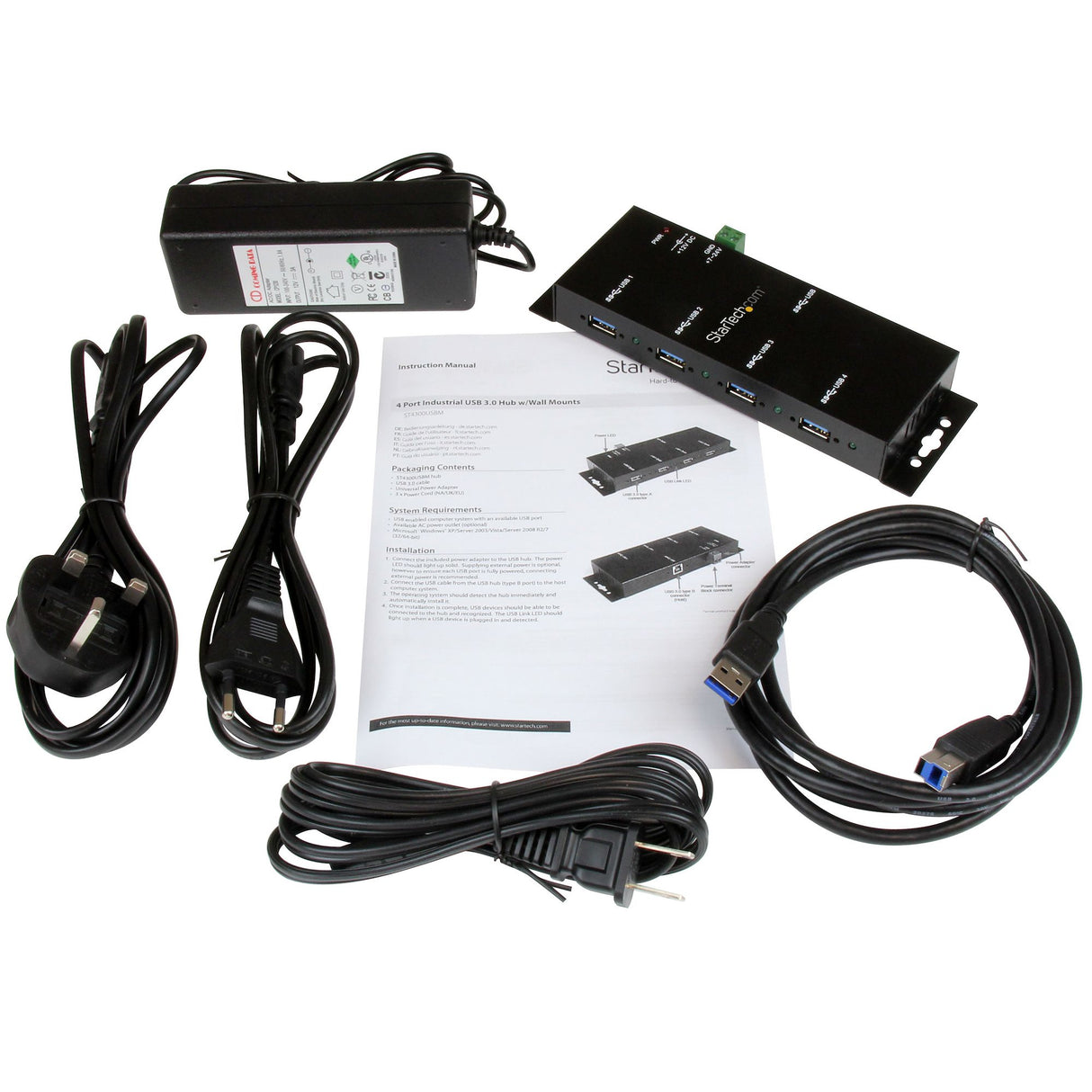 STARTECH 4-Port USB 3.0 Hub - Metal Industrial USB-A Hub - Wall or Desk Mountable USB Data Hub - TAA Compliant USB Expander Hub (ST4300USBM) (ST4300USBM)
