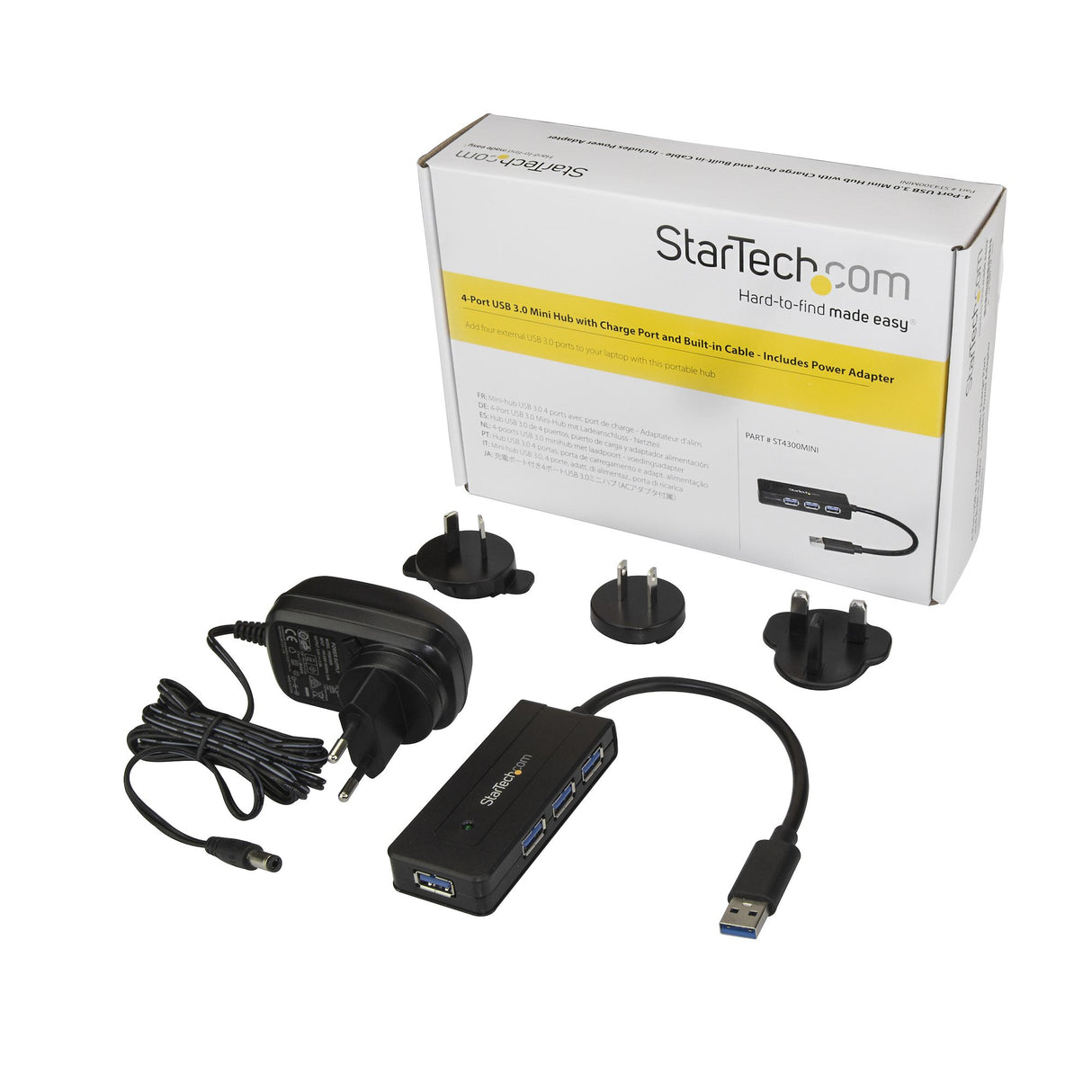 STARTECH 4 Port USB 3.0 Hub (SuperSpeed 5Gbps) with Fast Charge | Portable USB 3.1 Gen 1 Type-A Laptop|Desktop Hub - USB Bus Power or Self Powered for High Performance | Mini|Compact (ST4300MINI) (ST4300MINI)