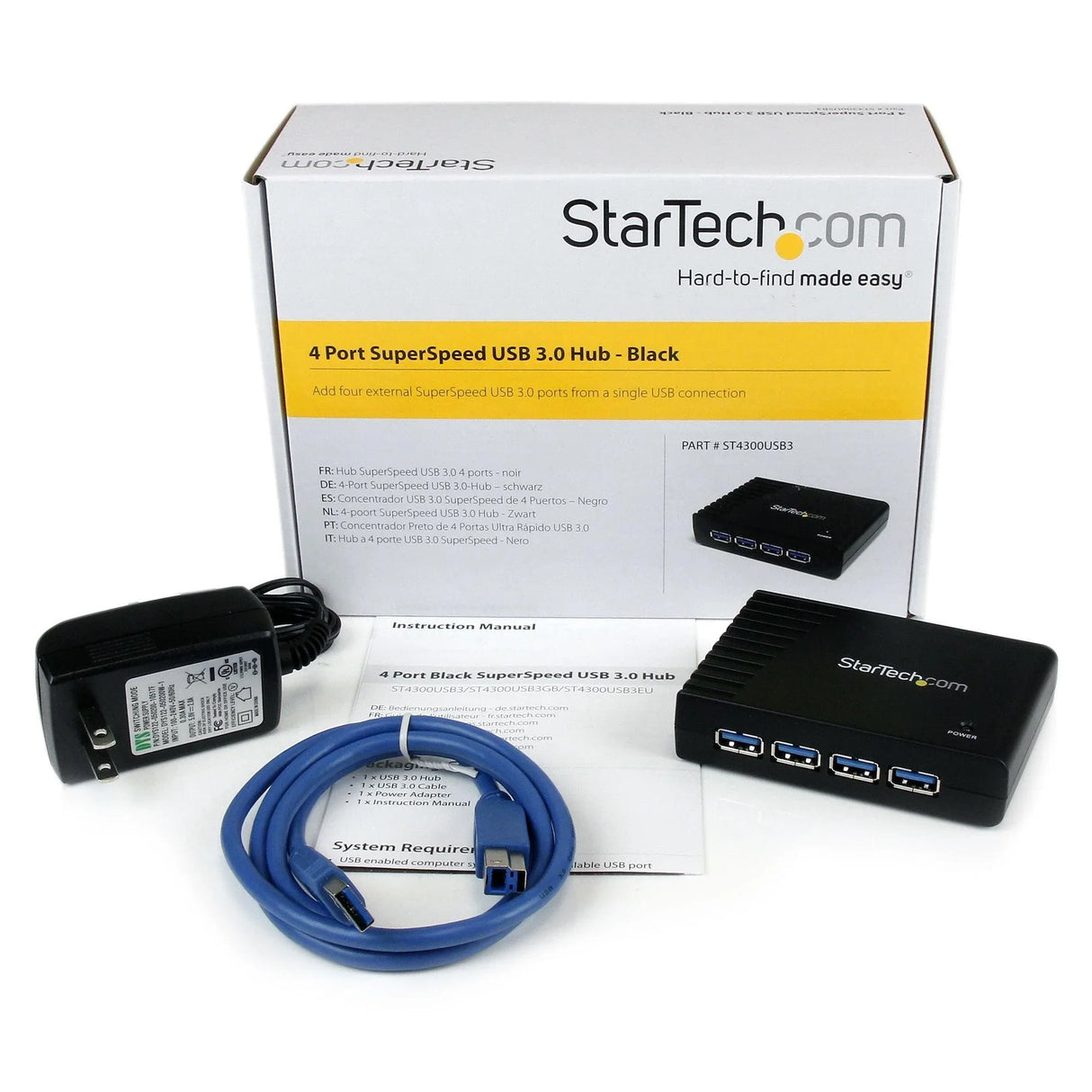 STARTECH 4-Port USB 3.0 SuperSpeed Hub with Power Adapter - 5Gbps - Portable Multiport USB-A Dock IT Pro - USB Port Expansion Hub for PC|Mac (ST4300USB3) (ST4300USB3)
